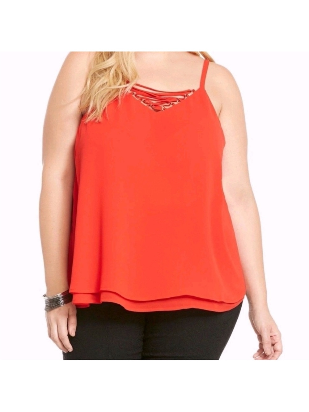 torrid Georgette Bright Red Orange Layered V-Neck Cami with Lattice Detail